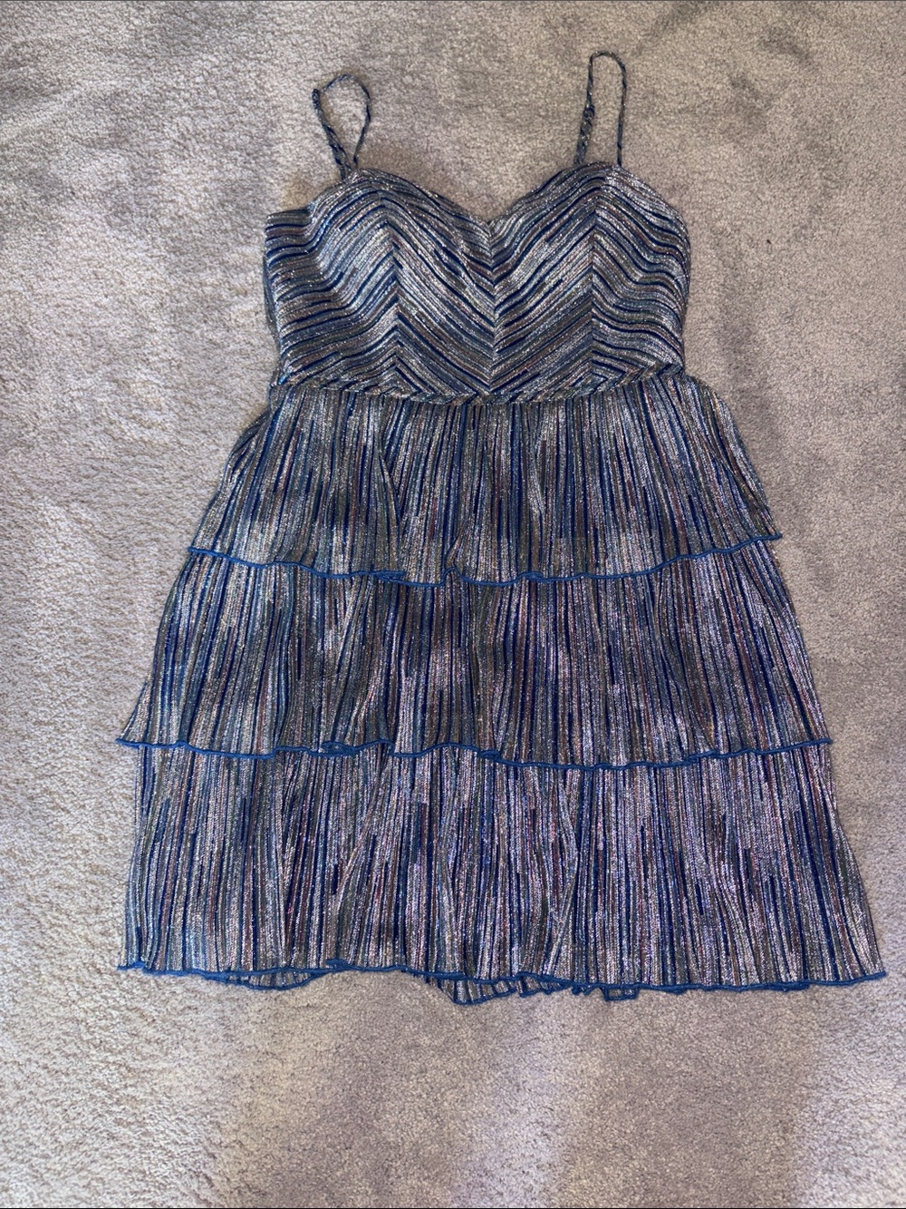 City Studio Blue Metallic Tiered Mini Dress with Spaghetti Straps from macys